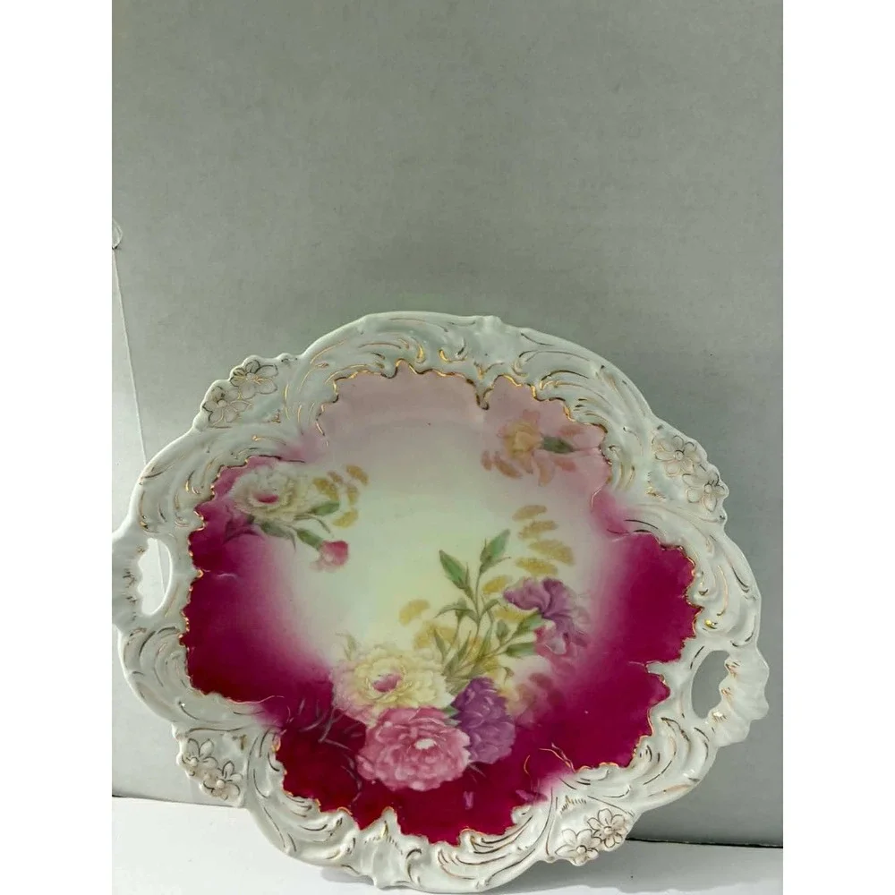 Vintage C.P.T. Germany Porcelain Cake Plate Handled Floral Pink Gold Gilt 10''